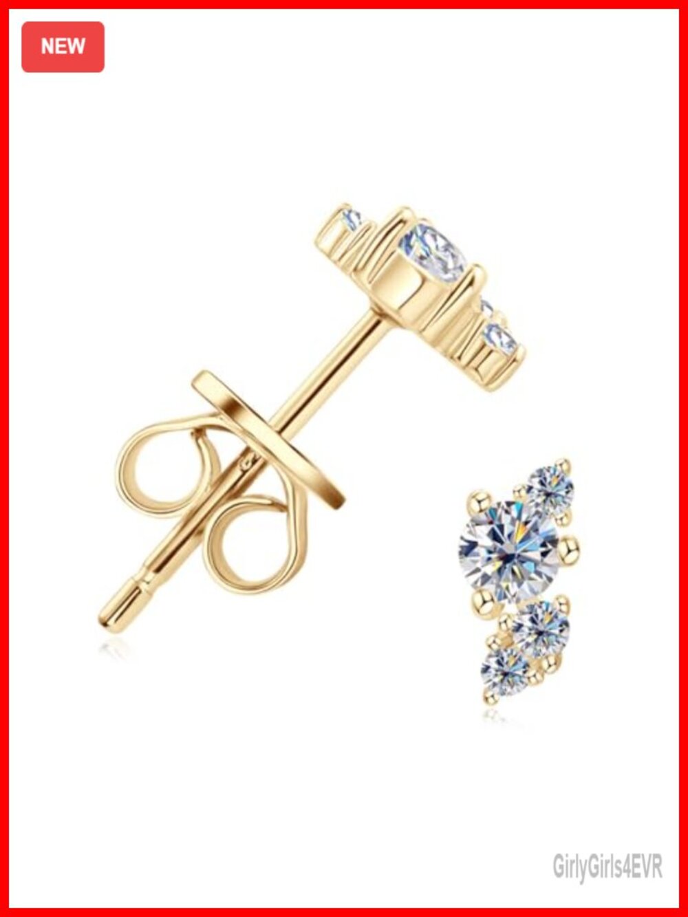 18K Solid Gold Over S925 Sterling Silver Diamond Stud Earrings Push Back for